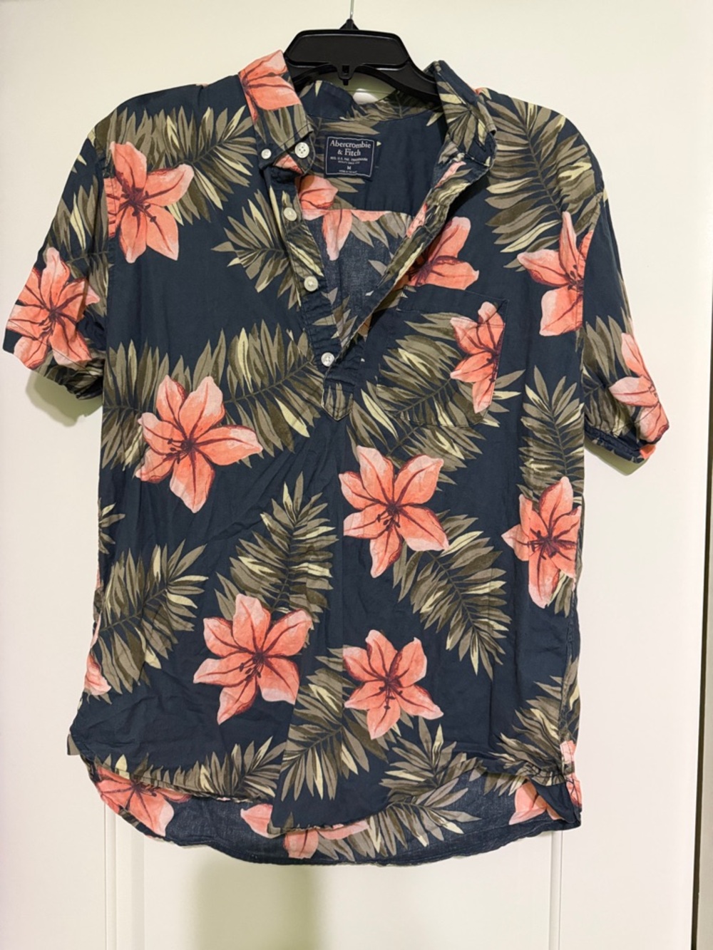 Abercrombie & Fitch Navy Short-Sleeve Button-Down with Coral Floral Print